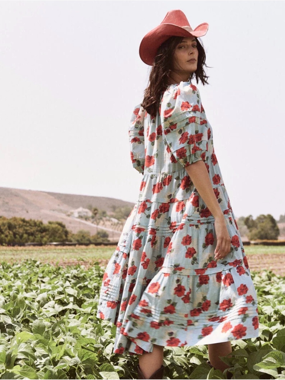 The Great Pleated Ravine Midi Dress Western Rose pearl button cotton - Picture 2 of 14